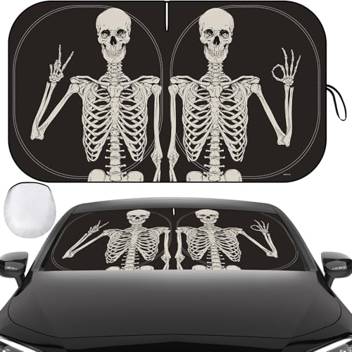 Windshield Sun Shade, Car Sun Shade Windshield, Reflector Sunshade Offers Ultimate Protection for Car Interior, Reflective Polyester Blocks Heat for Sedans, Mini SUVs, Hatchbacks - 57 x 31.5 inches - color: Skulls, 57''x31.5''
