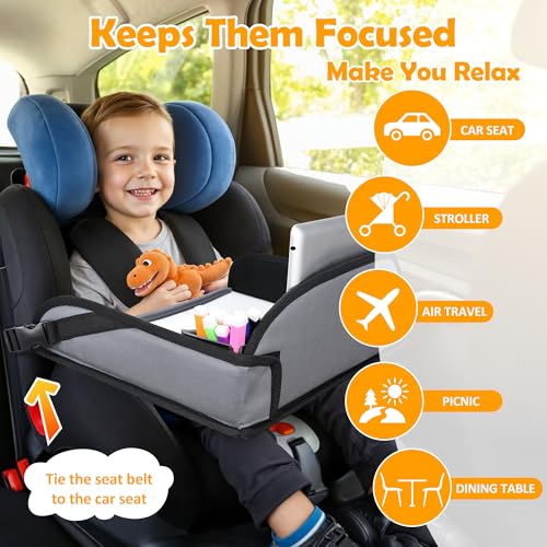 Kids Travel Tray for Toddler Carseat, Road Trip Activities Essentials for Toddler, Kids Lap Desk Tray with Tablet Holder Stand ＆ Dry Erase Board (Grey) - color: Grey