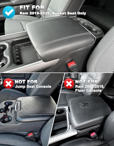 Center Console Cover for Dodge Ram 1500 2019-2026, Bucket Seat, Vinyl Leather Interior Accessories, Car Armrest Cushion Pad, Anti-Scratch, Black - color: black