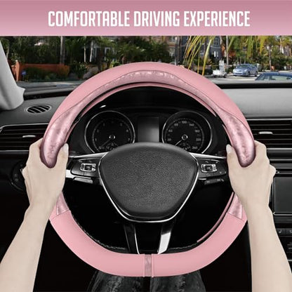 PIC AUTO Steering Wheel Cover, Pink Patterned Leather Patchwork Design, Universal Fit 14.5"–15.5" D-Shape Steering Cover, Soft PU Grain Leather, Durable Grip Car Accessory for Girls & Women - color: Fits D-Shape Pink