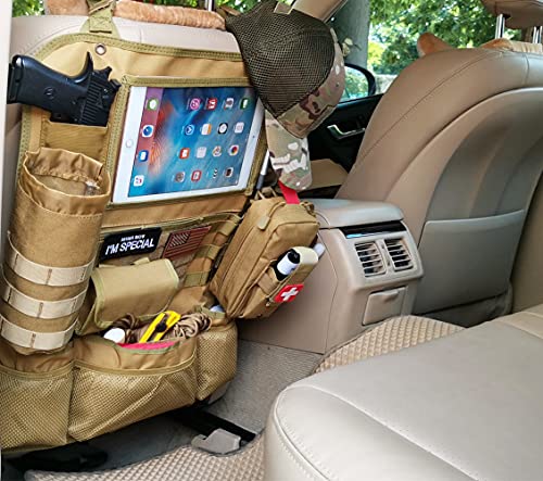 Upgrade Tactical Seat Back Organizer Molle Car Seat Organizer with 4 Detachable Pouches: Trauma Medical Pouch, Water Bottle Pouch, Vehicle Protector Organizers (Modern B TAN) - style: Modern B Red