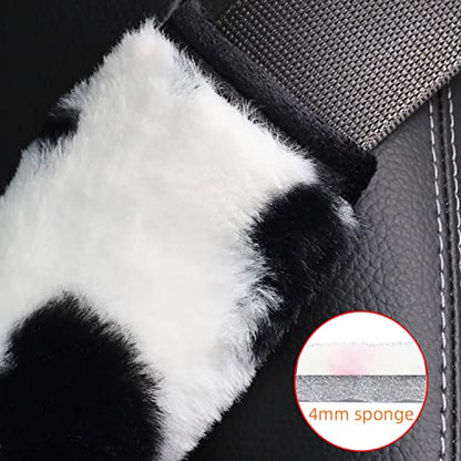 Pinbola 5pcs in 1 Set Faux Wool Steering Wheel Cover Soft Fluffy Handbrake Cover & Gear Shift Cover & 2pcs Seat Belt Shoulder Pads Warm Universal Fit for 15 Inch (Cow Black) - color: Cow Black