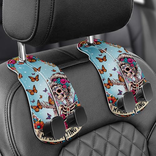 WOCOCN 2 Pack Car Purse Hook for Car Seat Headrest, Double-Sided PrintingPU Leather Purse Holder with Metal Hook, Cute Car Accessories for Women, Men (Car hook - Skeleton and Butterfly A) - color: Car hook - Skeleton and Butterfly A