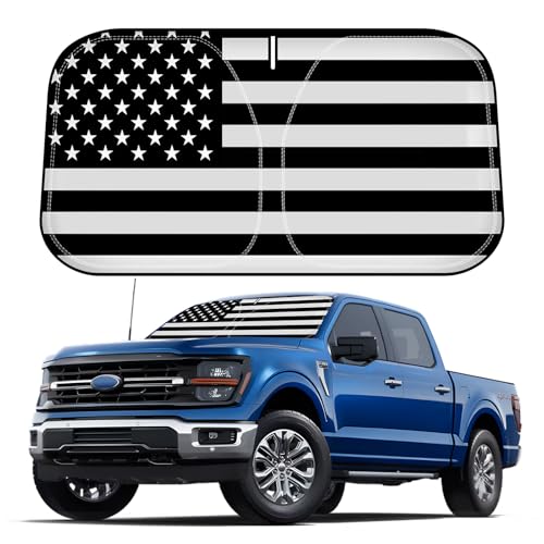 D-Lumina Windshield Sun Shade for 2015-2020 F-150 F150 Lariat, King Ranch, Platinum, XL XLT Limited Raptor, Front Window Sunshade American Flag Sun Visor Protector, Foldable 2 Layers 210T Material - size: Silver & Black-Fit 2015-2020 Ford F150