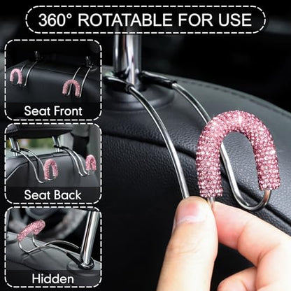 Soleebee 2 Pack Bling Car Headrest Hooks Crystal Rhinestones Universal Car Seat Hook Auto Hook Durable Car Back Seat Hangers Storage Organizer (Pink) - color: Pink