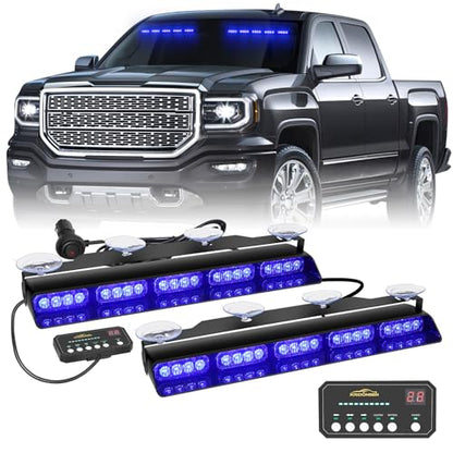 XRIDONSEN 2x 17 inch Blue Emergency Lights Bar 40 LED Dash Strobe Lights Interior Front/Rear Windshield Lights Safety Flashing Warning Hazard Light for Ambulance Firefighter Police Vehicles Trucks Car - color: Blue