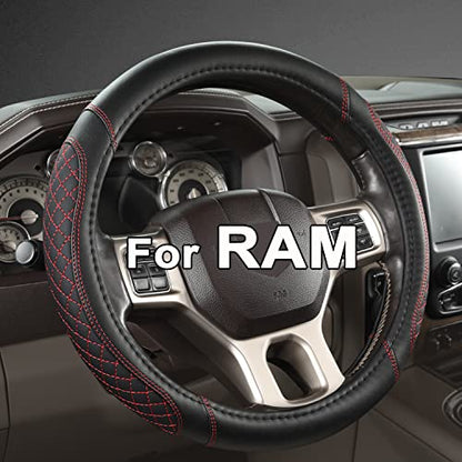 West Llama Customized Auto Car Steering Wheel Cover for Dodge RAM 1500 2500 3500, 15.5-16 inch (Diamond Quilted-Black+Red-Large Size) - color: B-Black+Red, size: Large Size (15 ½''-16'')