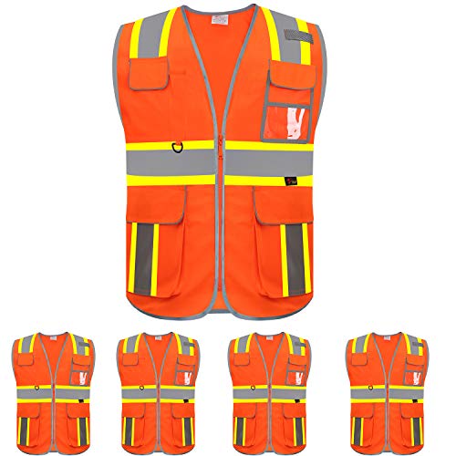 zojo High Visibility Safety Vest, 5PCS, Reflective with Multi-Functional Pockets and Zipper,for Men Women work(Orange-Strip) - color: Orange-strip