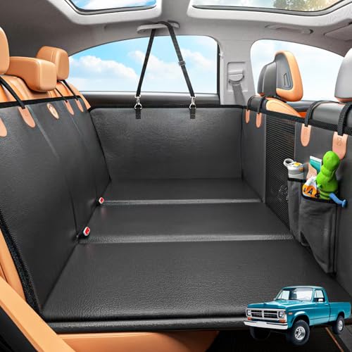 MYJAQI Back Seat Extender for Dogs, Hard Bottom Dog Car Seat Cover for Truck Back Seat, Dog Hammock for Car, Upgraded PU Leather Material, Larger Space, Holds 400lbs - color: Black+Orange, size: XL