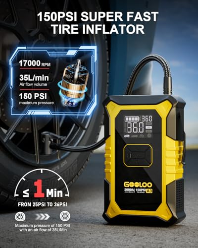 GOOLOO A3 Jump Starter with Air Compressor, 3000A Portable Car Battery Jumper Starter (9.0L Gas/6.5L Diesel) with 150PSI Auto-Shutoff Tire Inflator, 12V Supersafe Lithium Jump Box Car Booster, Yellow - color: Yellow