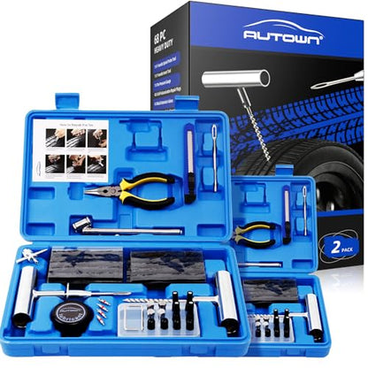 AUTOWN Flat Tire Repair Kit with Plug 68 Pcs for Car, Motorcycle, ATV, Jeep, Truck, Tractor Flat Tire Repair (2-Pack) (Set of 2-68pcs) - size: Set of 2-68pcs