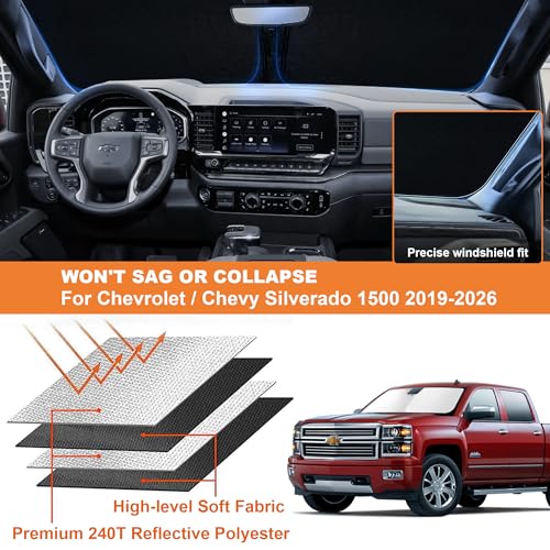 2026 Upgrade Front Windshield Sunshade fit for Chevrolet Silverado 1500 2019-2025 2026 Reflector Foldable Car Shade Automotive Windshield Sunshades for Chevrolet Silverado 1500 Windshield Sun Shade - size: Fit for Chevrolet Silverado 1500 2019-2026