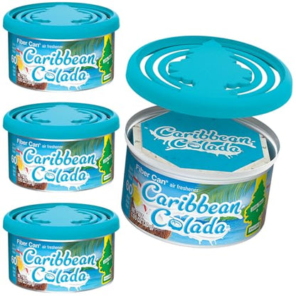 LITTLE TREES Car Air Freshener | Fiber Can Provides Long Lasting Scent for Auto or Home | Recycled Fiber | Caribbean Colada, 4 Air Fresheners - color: Caribbean Colada