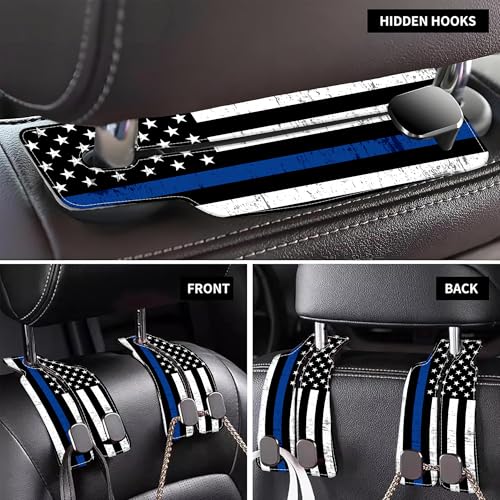 Car Headrest Purse Hanger Grunge Blue and Black American Flag 1 Pack Bag Purse Holder for Car Premium Leather Double Metal Hook for Handbags, Grocery Bags and Phones - color: Grunge Blue and Black American Flag