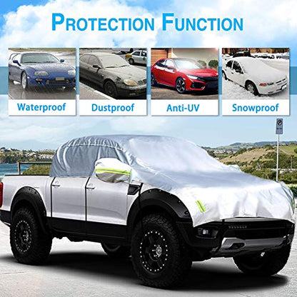 Half Car Cover All Weather Car Body Cover Sunshade Cover Snow Cover Waterproof Snowproof Universal 210D Oxford Fabric (Fit Small/Medium Size Pickup (Crew Cab)) - size: Pickup (Crew Cab)