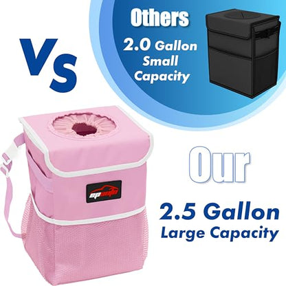 EPAuto Waterproof Car Trash Can with Lid and Storage Pockets, 2.5 Gallon Leakproof, Pink - color: Pink