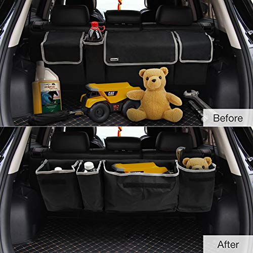 Backseat Trunk Organizer for SUV & Car - Hanging Organizer Foldable Cargo Storage Bag with 4 Pockets Adjustable Strap Durable Cover and Fit for Most Vehicles