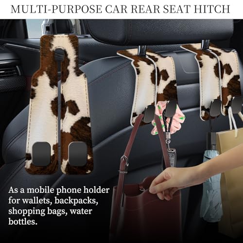 PU Leather Car Seat Hook, Storage Headrest Hanger, Cute Car Backseat Organizer, Car Hooks For Purses and Bags Cowhide Brown White - color: Cowhide Brown White
