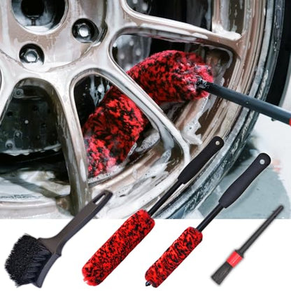 Wheel Brushes for Cleaning Wheels (4 Pro Pack)- 2X Soft Wheel Cleaning Wool Brush, Detailing Brush and Stiff Tire Brush, Scratch Free Durable Car Wheel Rim Brush Kit for Car Rim and Tire Detailing - color: Red & Black