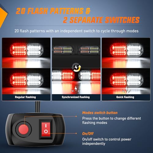 Nilight 4PCS LED Strobe lights 12V 24V Sync Feature Red White 24LED Emergency Hazard Warning Lights with Controller Hard Wire or Cigarette Lighter Plug for Car Truck RVs Campers - color: Red White w/Controller