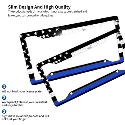 Thin Blue Line License Plate Frame - 2pc Blue Line American Flag License Plate Frames and Blues Lines Steering Wheel Cover Funny Cars Decor Aluminum Metal Frame with Fits Us Ca Vehicles - color: blue line