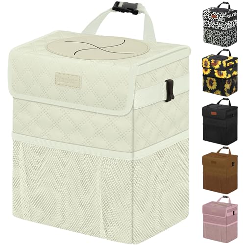 Vankor White Car Trash Can Cute, White Car Accessories for Women Waterproof Automotive Garbage Cans Leak Proof Vehicle Trash Can Diamond Pattern-Beige - color: Quilted-Beige, size: 2.2 Gallons