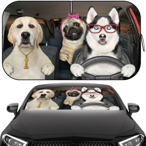 Windshield Sun Shade, Car Sun Shade Windshield, Reflector Sunshade Offers Ultimate Protection for Car Interior, Reflective Polyester Blocks Heat for Cars,Trucks,SUVs (57 x 32 in) - color: Driving Dog, 57''x32''
