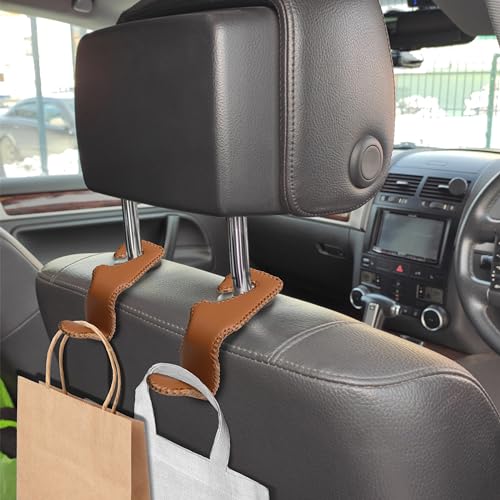 BFXM 2Pcs Car Seat Headrest Hooks, Back Seat Purse Leather Hanger Holder Hook, Magnetic Storage Organizer for Purses Handbag Grocery Bags Coats - color: 2pcs brown