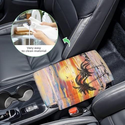 Coconut Tree Console Cover for Most Vehicles Armrest Cover Sunset Print 300D Polyester Fabric Arm Rest Pad with Pockets Middle Console Lid for Most Car Center Consoles - color: Coconut Tree Sunset