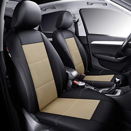 P&J AUTO Leather and Mesh Car Seat Cover Front Pair Universal Fit for Cars Trucks Vans & SUVs Airbag Compatible (Beige) - color: BK BG