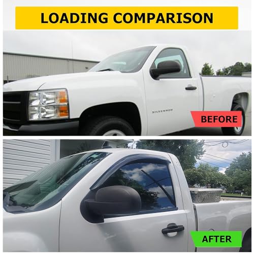 Side Window Visor Wind Vent Deflector, 2pcs Out-Channel Tape-On Nice Rain Guards Set fit for 2007-2013 Chevy Silverado/GMC Sierra 1500 2500 3500 Body Style Regular cab 92326 - size: 07-13 Silverado/Sierra Standard Cab