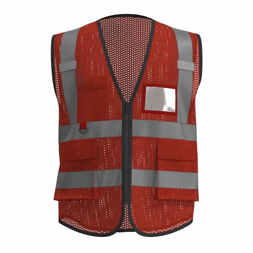 caparazon Unisex High-Visibility Reflective Safety Vest with Zippered Pockets - ANSI/ISEA Certified for Enhanced Work Safety - color: Red Mesh
