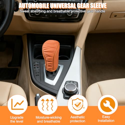 Zpana Car Gear Shift Knob Cover, Leather Automatic Vehicle Shifter Knob Protector, Anti-Slip Auto Interior Gear Stick Lever Handle Protection Cover, Universal for SUV, Sedan, Truck (Brown) - color: Brown