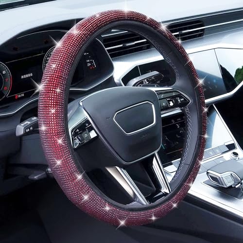 Bling Steering Wheel Cover, Rhinestone Steering Wheel Cover with Crystal Diamond for Women, Sparkling Car Wheel Protector Universal Fit 14-15 inches - Red - color: red