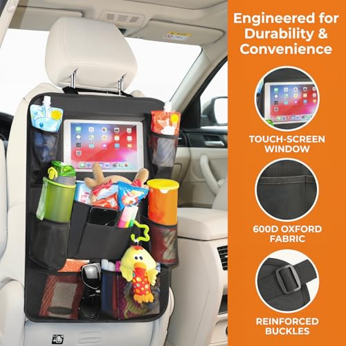 Backseat Car Organizer, 2 Pack Kick Mats Back Seat Protector with Touch Screen Tablet Holder, 9 Storage Pockets for Travel Accessories & Toys, Waterproof & Easy-Clean Black Protector