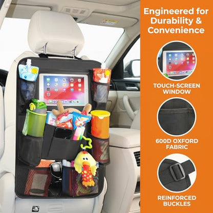 Backseat Car Organizer, 2 Pack Kick Mats Back Seat Protector with Touch Screen Tablet Holder, 9 Storage Pockets for Travel Accessories & Toys, Waterproof & Easy-Clean Black Protector