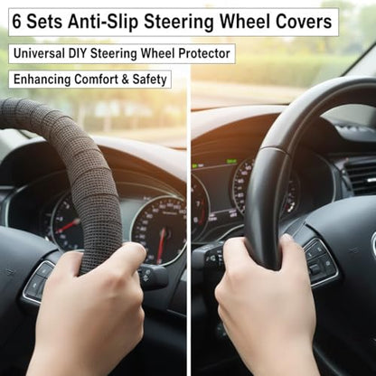 6 Sets of Anti-Slip, Sweat-Absorbing self-Adhesive Steering Wheel Covers, Universal DIY Steering Wheel Protectors, Enhancing Comfort, Suitable for Cars, Trucks, and SUVs (Black & Skin)
