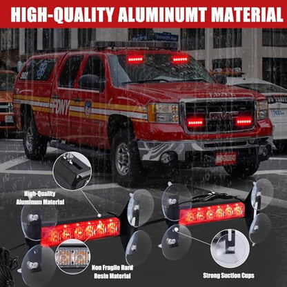 2X 6.1 inch Emergency Strobe Lights Red 12 LED Hazard Warning Flashing Safety Front/Rear Windshield Deck Split Grill Lights for Volunteer Firefighter Police Vehicles POV Trucks - color: Red