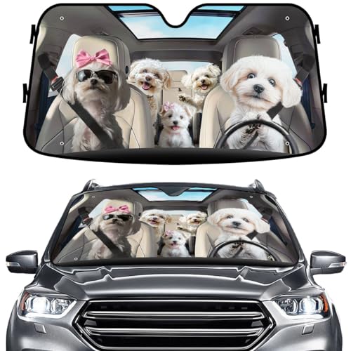 GENANY Cute Maltese Dog Family Funny Windshield Sun Shade for Car SUV Truck (55x30 Inches), Sun Shade Windshield, Shades for Front Windows, Protector Blocks UV, Car Decor - color: 14.Maltese Family, size: Size S