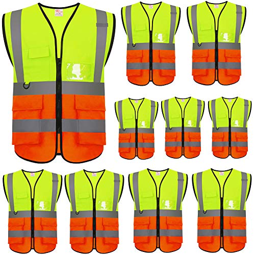 zojo High Visibility Safety Vests With Pockets, Pack of 10，Wholesale Reflective Vest for Outdoor Works, Cycling, Jogging, Walking,Sports - Fits for Men and Women (XL-Mix Yellow & Orange) - color: 10pcs-xl-mix Yellow & Orange, size: Large-X-Large