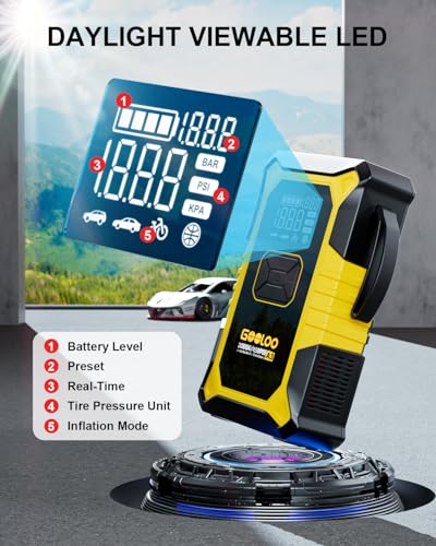 GOOLOO A3 Jump Starter with Air Compressor, 3000A Portable Car Battery Jumper Starter (9.0L Gas/6.5L Diesel) with 150PSI Auto-Shutoff Tire Inflator, 12V Supersafe Lithium Jump Box Car Booster, Yellow - color: Yellow
