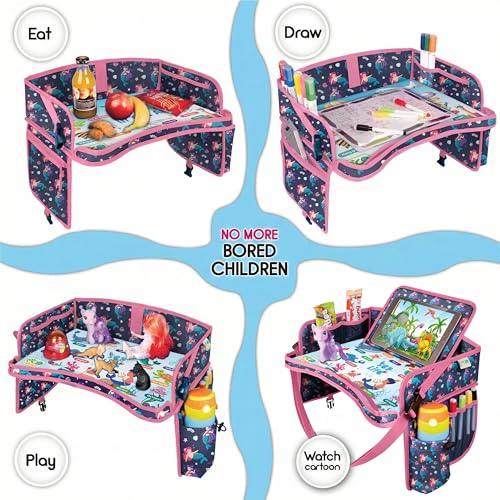 Kids Travel Tray - Waterproof Lap Table with No-Drop Large Tablet Holder - Car Seat Tray - Road Trip Essentials Kids - Car Desk Organizer for Airplane - Toddler Travel Essentials(MERMAID) - color: MERMAID