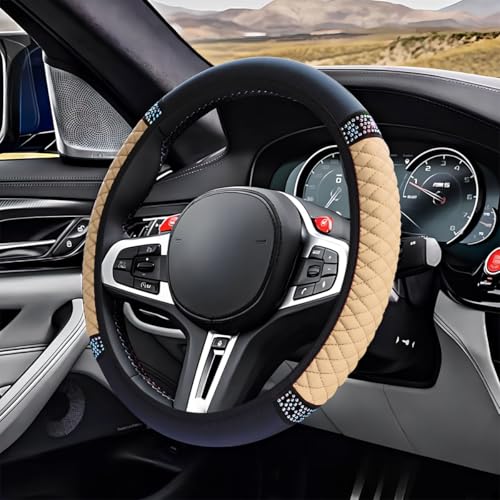 ZIMISI Bling Soft Leather Steering Wheel Cover, 15" Anti-Slip Sparkly Crystal Auto Elastic Steering Wheel Protector for Women Girl, Colorful Diamond Car Interior Accessory for Most Cars (Beige) - color: Beige
