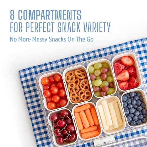 Travel Snack Container for Kids – Snackle Box with 8 Removable Compartments, Utensils and Recipe QR – Snack Box for Road Trips, Beach, Picnic and School Lunch