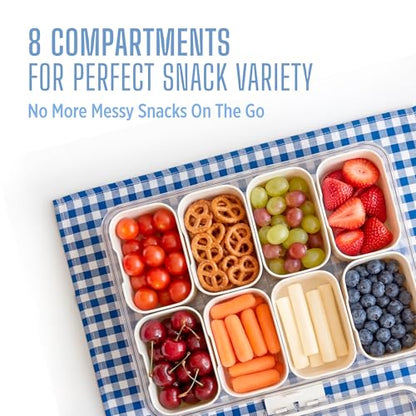 Travel Snack Container for Kids – Snackle Box with 8 Removable Compartments, Utensils and Recipe QR – Snack Box for Road Trips, Beach, Picnic and School Lunch