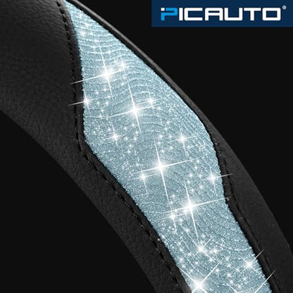 PIC AUTO Steering Wheel Cover, Light Blue Sparkly Crystal Bling Glitter with Leather, Universal Fit 14.5"-15.5" Steering Wheels for Girls & Women, Anti-Slip Wheels Cover for Cars, Trucks, Van, SUVs - color: Light Blue Glitter