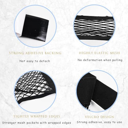 2PCS Universal Car Cargo Net with Adhesive Tape, 9.8×15.7in Trunk Storage Mesh Pocket Wall Mount Organizer Bag for Car RV SUV Boat Truck Camper Van Trailer (Black) - size: 15.7 x 9.8 inches