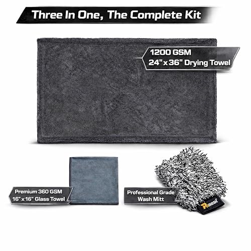 The Giant Giant 24"x36" Car Drying Towel – Ultra Absorbent 1200 GSM Twisted Loop Microfiber, Scratch-Free, Streak-Free, 70/30 Korean Blend – Includes Wash Mitt & Glass Towel for Auto Detailing