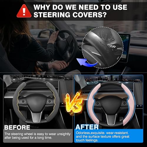Shademax Custom-Fit for Tesla Steering Wheel Cover, Tesla Model Y / 3 2017-2025 (Fit Model Y Juniper 2026/ Model 3 Highland) Carbon Fiber Steering Wheel Cover for Tesla Model Y / 3 Accessories (Pink) - color: B-Pink