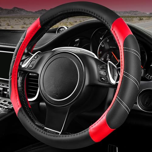 CAR PASS Line Rider Microfiber Leather Sporty Steering Wheel Cover Universal Fits for 95% Truck,SUV,Cars,14.5-15inch Anti-Slip Safety Comfortable Desgin (Black-Red) - color: Black＆Red, size: Standard[14.5"-15"]
